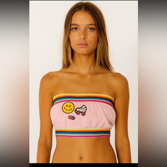 Dolls Kill Tops - Dolls Kill Pink Terrycloth Patch Bandeau Tube Top Medium